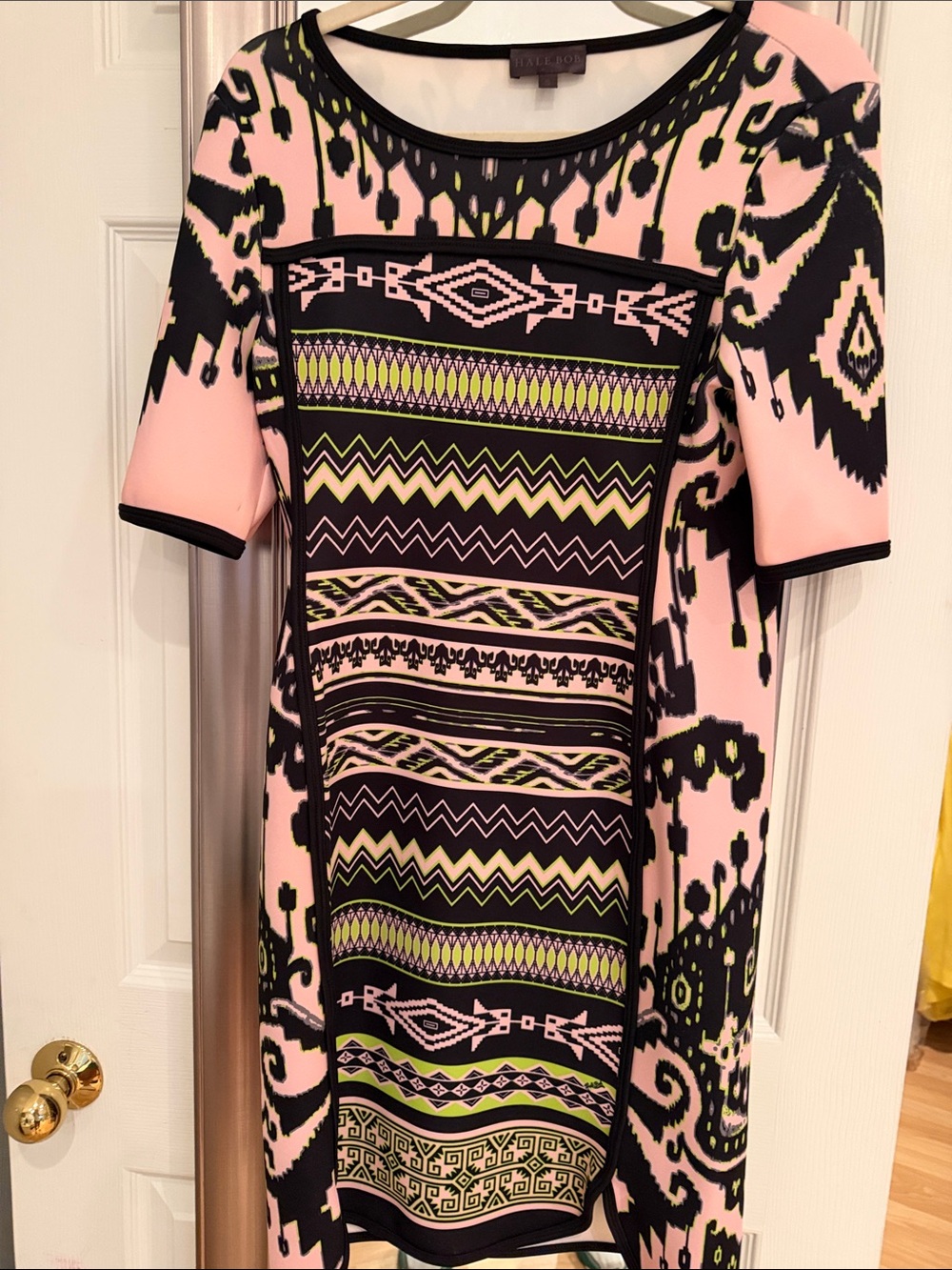 Hale Bob Pink, Black & Lime-Accent Patterned Midi Dress